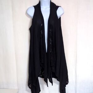Gena Black Sleeveless Waterfall Duster Lace Panels One Size Fits Most S-L